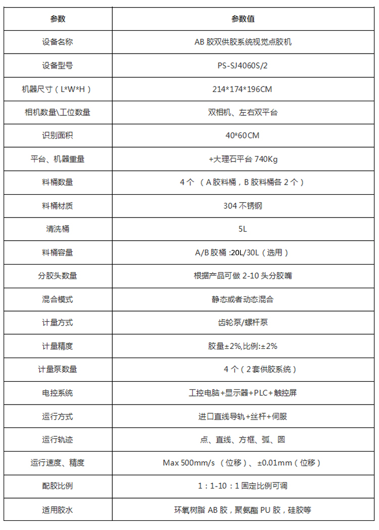 PS-SJ4060S/2 AB膠雙供膠系統(tǒng)視覺點膠機參數(shù)